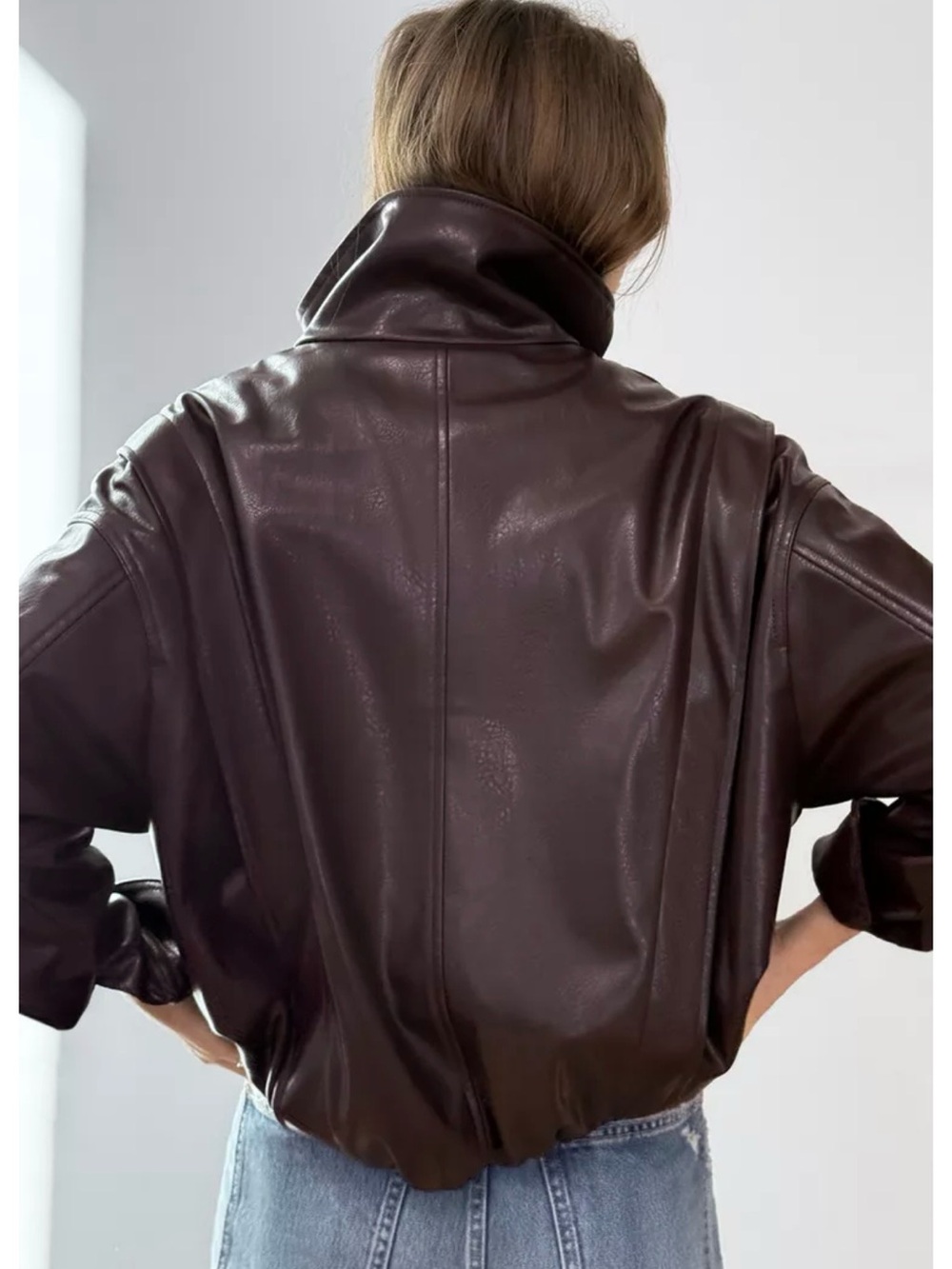 Zara Faux Leather Pleated Jacket - Dark Burgundy size medium NWT - Picture 3 of 7